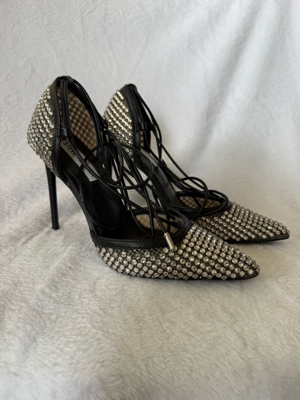 Steve Madden Vanity Mesh Crystal Embellished Black Lace-Up Stiletto Pump - Picture 4 of 12